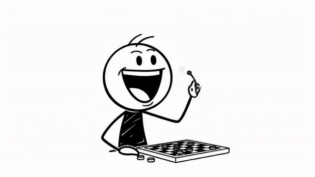 Joyful Stick Figure Engaged in Checker Game with Animated Musical Notes on White Background Symbolizing Game Celebration and Pure Happiness Perfect for Lighthearted Projects
