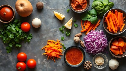 Vibrant Asian cuisine ingredients arranged on a stone surface in a natural top-down view.