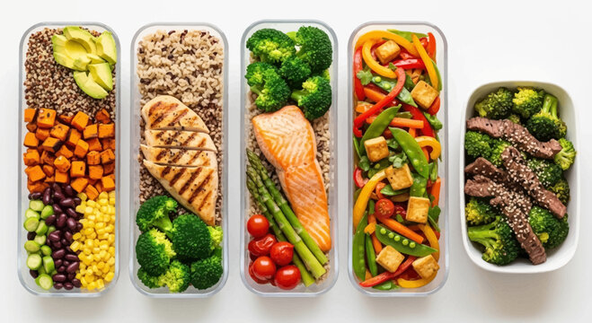 Healthy meal prep containers with salmon, chicken, and beef