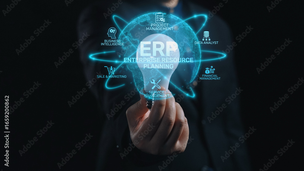 Poster erp platform visual showing centralized system for enterprise resource planning, improving integrati