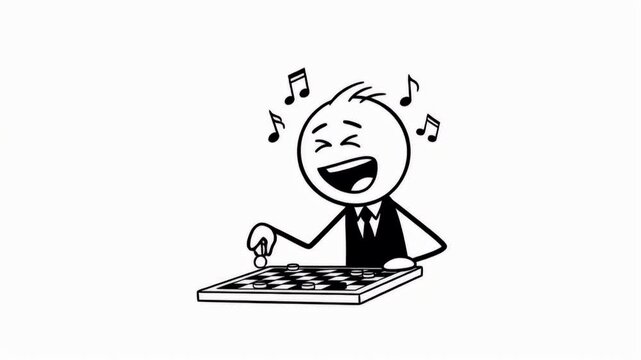Joyful Stick Figure Plays Checkers Animated Pictogram on White Background Black and White Design with Musical Notes Illustrating Strategy Leisure and Cognitive Fun
