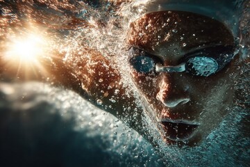 Underwater swimmer in pool, powerful strokes, sunlit water, competition