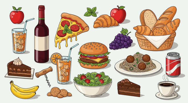 Assortment of food and drinks including pizza, burger, pasta, and desserts