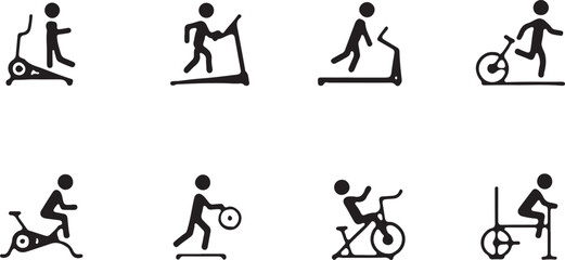 Vector icons of people in various sports and fitness silhouettes including running and yoga figures