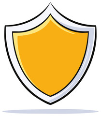 Shield icon, emblem, or badge in shades of yellow, orange and white with black outline.