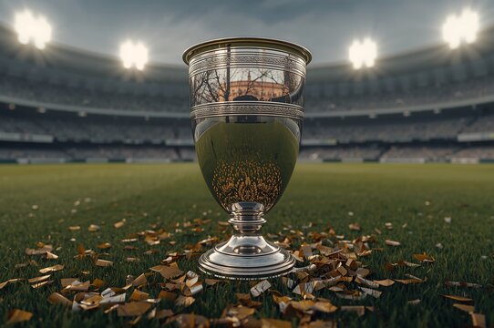 A shiny trophy sits on a green field surrounded by confetti in a brightly lit stadium setting