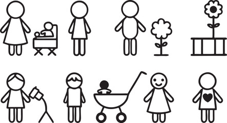 Hand-drawn vector doodle illustration of a cartoon family icon set showing a mother and her children, symbolizing love and togetherness