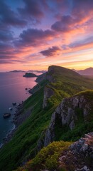 Verdant coastal cliffs bathed in warm sunset light