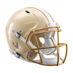 Fototapeta premium High-Quality American Football Helmet with Gold Face Mask and White Stripes for Sports Branding and Promotions