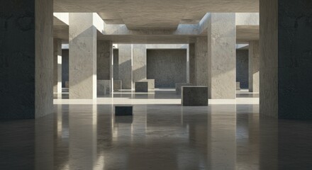 A sunlit, minimalist concrete interior features massive pillars, reflecting polished floors, & floating cube accents. Open rectangular voids frame the scene