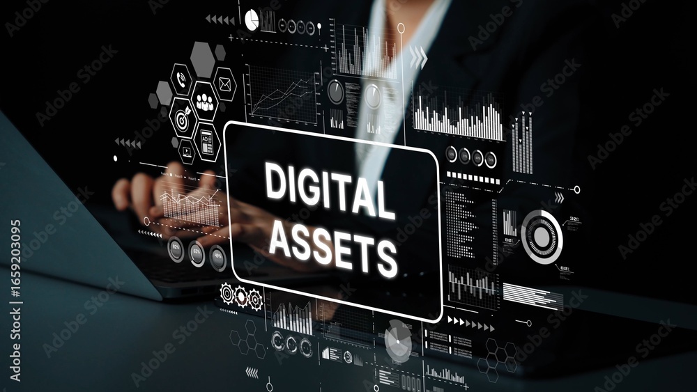 Poster business professional interacting with digital assets on laptop with data visualizations and graphs 