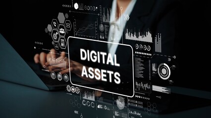 Business Professional Interacting with Digital Assets on Laptop with Data Visualizations and Graphs in Modern Workplace Setting. Asymptotic smart data analytic.