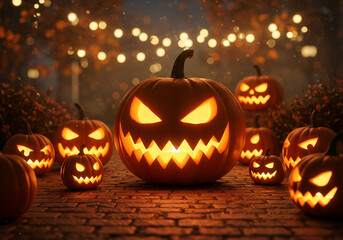 Fototapeta premium Menacing Jack-o'-lanterns illuminate a cobblestone path at night, creating a spooky Halloween scene with warm, glowing lights and falling snow.