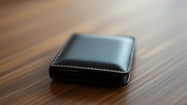 A sleek wallet lies on a wooden surface, highlighted by warm ambient lighting in a minimalist setting.