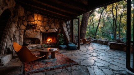 Cozy Outdoor Stone Fireplace at Rustic Cabin Porch Hearth