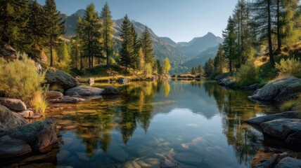 Fototapeta premium Serene Lake with Forest Reflections and Mountain Landscape