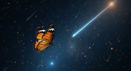 monarch butterfly flying past bright shooting star