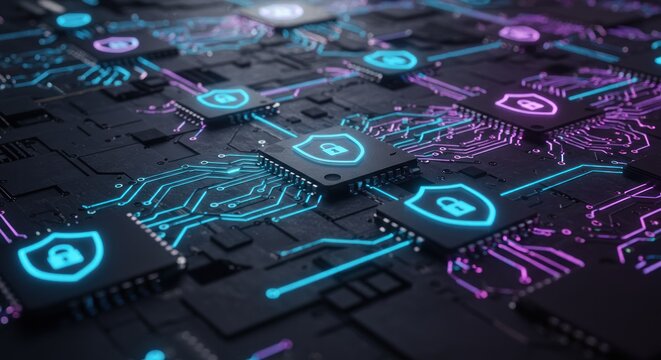 Futuristic glowing circuit board design depicting a complex network with encrypted shields across various processing units