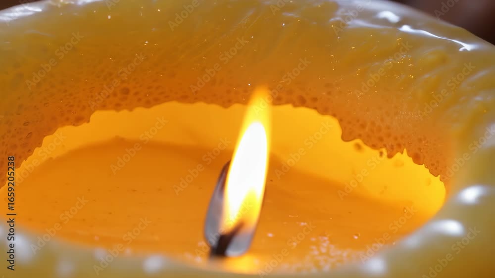 Poster A close-up view of a flickering candle flame set against yellow wax, creating a warm and inviting atmosphere. Ideal for depicting relaxation and serenity.