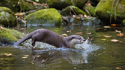 Asian small-clawed otter (Aonyx cinereus) in a lush illustration. Ai generated.
