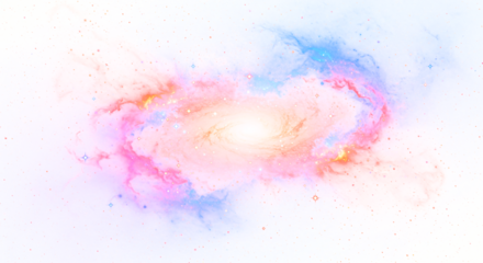 Ethereal pastel galaxy with swirling pink blue and gold nebulous clouds.