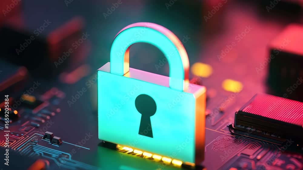 Aufkleber a colorful depiction of a lock symbolizing digital security on a circuit board, representing the imp