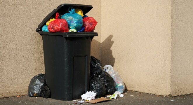 An overflowing black trash receptacle with open lid, filled with colorful bags. More bags surround the container. A corner wall is in the background