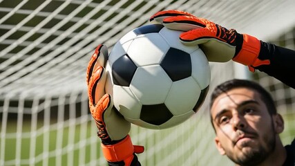 soccer goalkeeper holding ball on field - Powered by Adobe