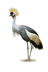 Elegant grey crowned crane with striking golden crest standing tall on white background
