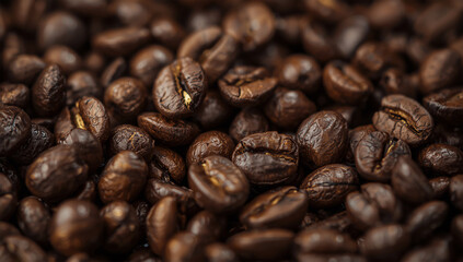 Close Up of Roasted Coffee Beans with Rich Brown Texture and Aromatic Surface