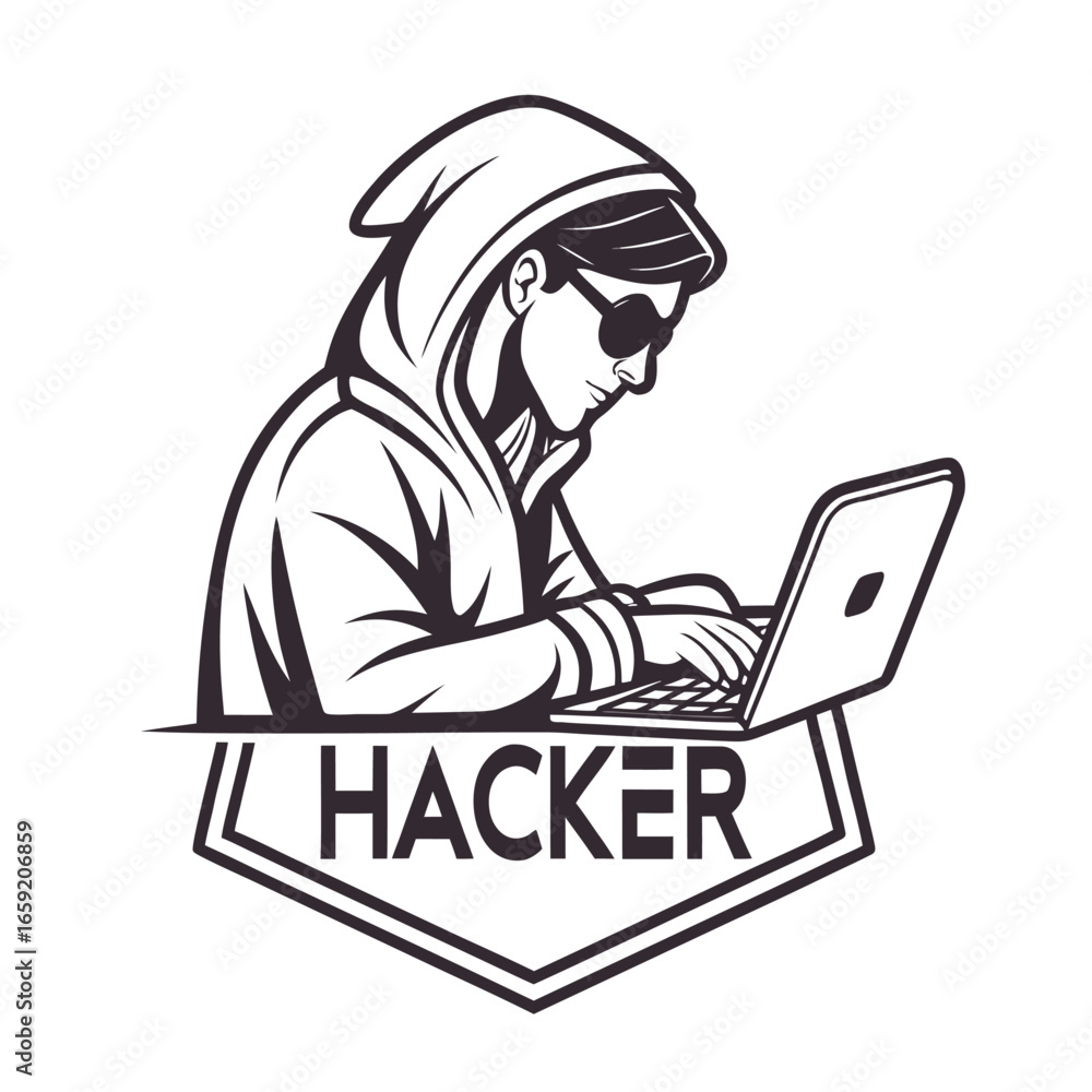 Fototapete black and white emblem of a hacker with a laptop computer inside a shield shape with text technology