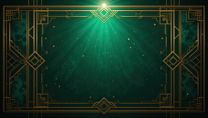 Elegant golden Art Deco frame radiates luxurious light over deep emerald textured backdrop with shimmering particles, perfect for upscale events and vintage designs.