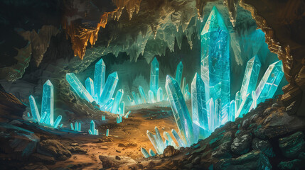 A cave filled with glowing crystal paintings 