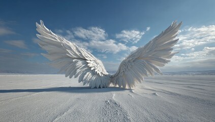 Majestic white wings spread wide in a desolate, sunlit landscape