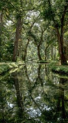 Serene canal reflects lush, verdant trees in a tranquil garden