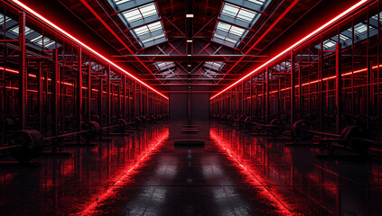 Fototapeta premium Modern Gym Interior with Red Neon Lights and Weightlifting Equipment in Futuristic Fitness Center