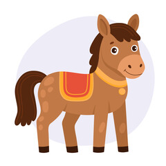 Brown horse, pony with red saddle. Cute happy animal character.