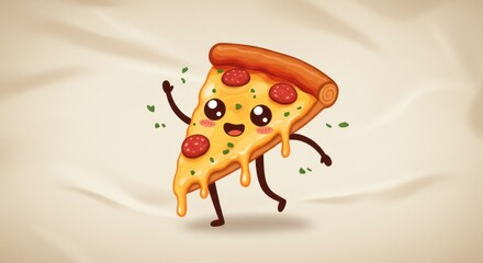Animated, joyful pizza slice with googly eyes, pepperoni, melted cheese, arms, and legs dancing on a light tan, crumpled fabric background