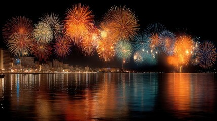 Fireworks Over River at Night with Colorful Bursts