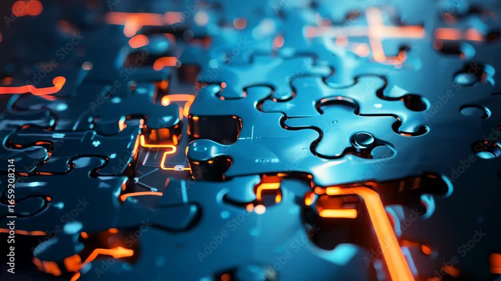 Aufkleber an intriguing abstract puzzle background featuring glowing blue and orange pieces, symbolizing creat