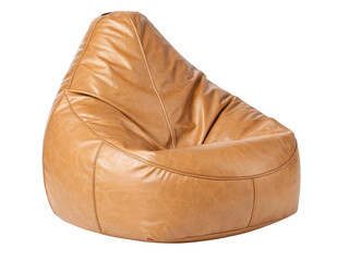 Comfortable tan leather bean bag chair for relaxing and lounging isolated on transparent background