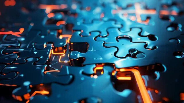 An intriguing abstract puzzle background featuring glowing blue and orange pieces, symbolizing creativity and challenge in problem-solving. Perfect for digital art.