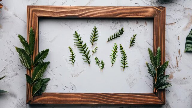 A rustic wooden frame is elegantly displayed among lush greenery and pine cones, creating a serene and artistic vibe perfect for seasonal decor and nature-inspired designs.