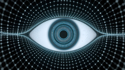 A futuristic blue spiral of light and technology forms a digital eye, creating a glowing tunnel of binary code