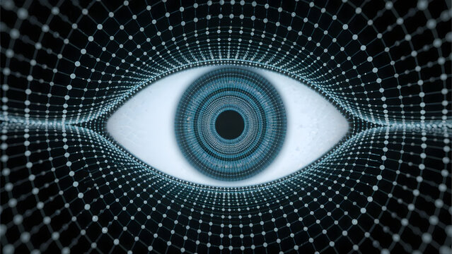 A futuristic blue spiral of light and technology forms a digital eye, creating a glowing tunnel of binary code