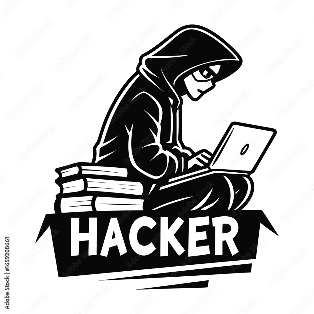 Fototapete hacker sitting on books with laptop and hacker text computer