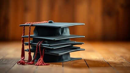 A neat stack of graduation caps on a wooden surface, radiating a sense of achievement and celebration.