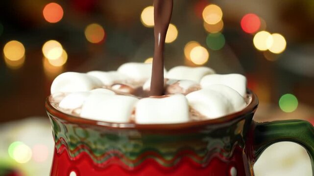 "Hot chocolate with marshmallows being poured in a festive mug, holiday music vibe"