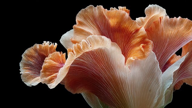 Close-up of a peach and white ruffled flower against a black background