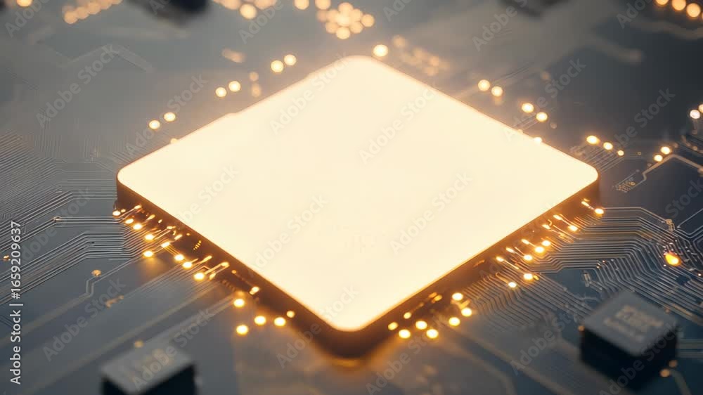 Poster close-up view of an electronic circuit board showcasing a microchip surrounded by glowing lights, re